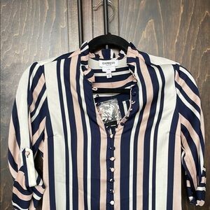 Express Women's Striped Navy and Cream Top